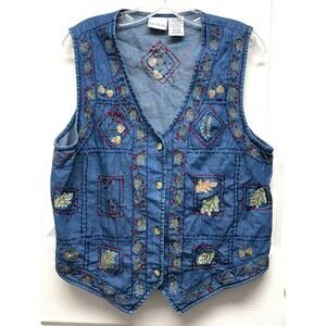 Bobbie Brooks Vest Embroidered Denim 100% Cotton Jean Leaves Women’s Size M